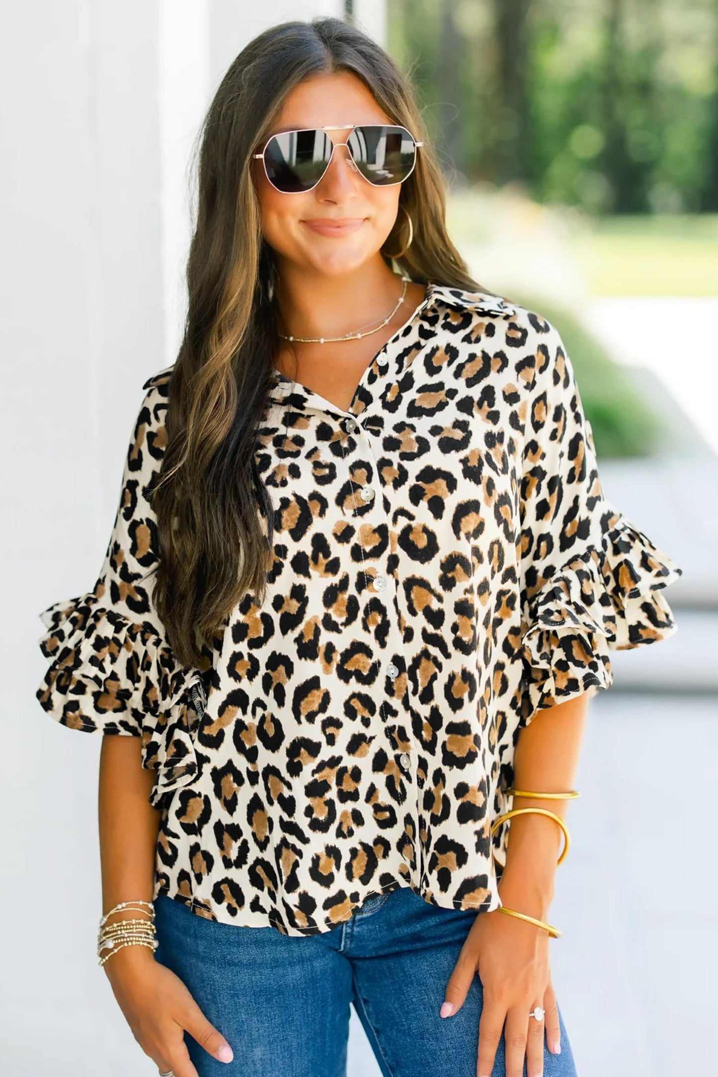 Khaki Leopard Print Ruffle Trim 3/4 Sleeve Loose Shirt