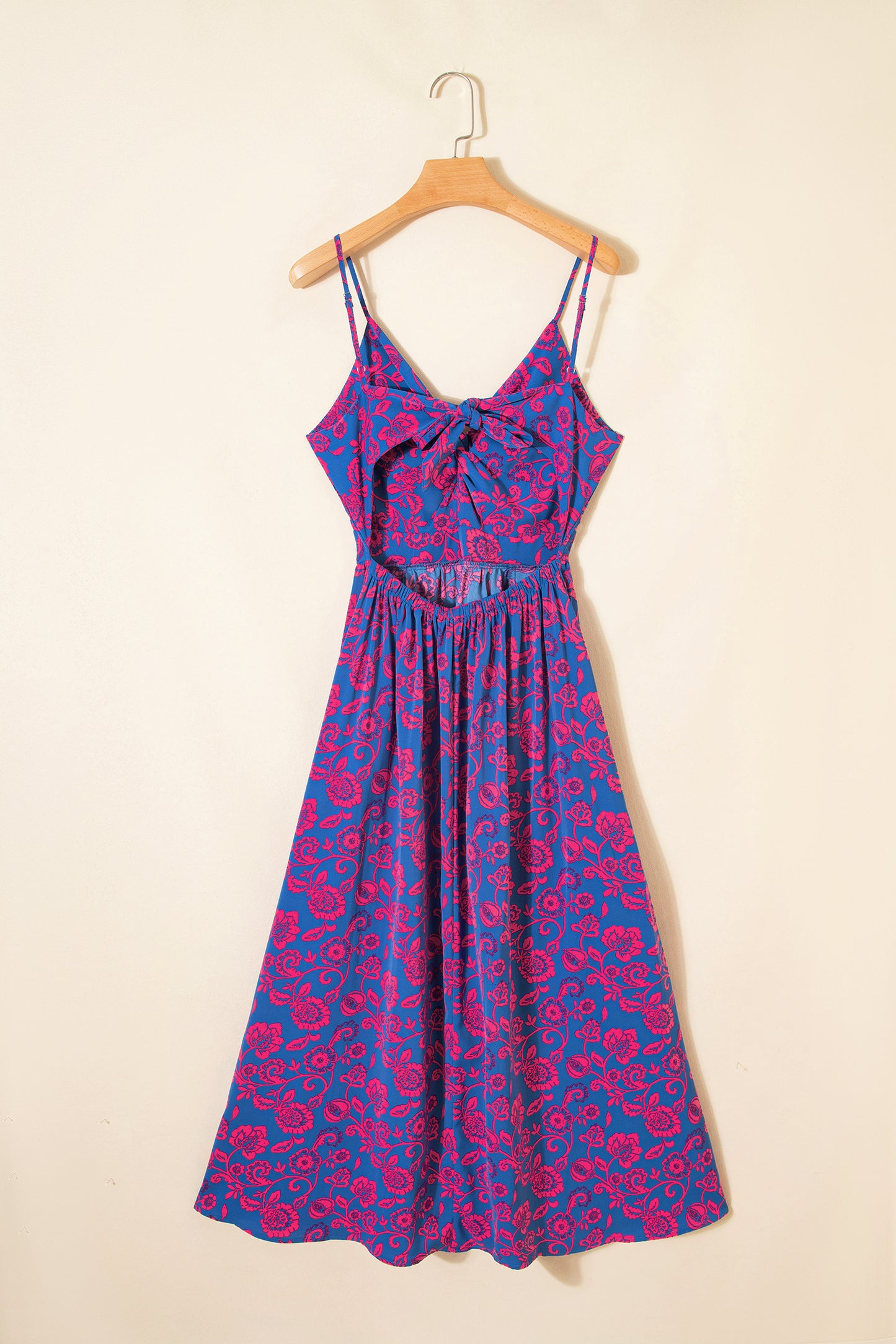 Blue Floral Print Twisted V Neck Tied Backless Maxi Dress