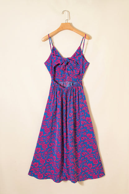 Blue Floral Print Twisted V Neck Tied Backless Maxi Dress