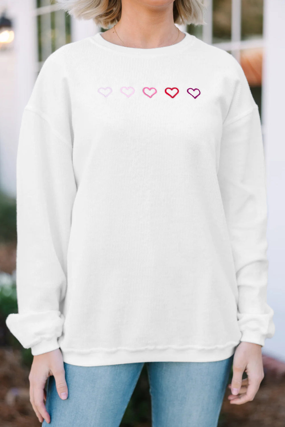 Pink 3d Ribbed XOXO Heart Embroidered Drop Shoulder Sweatshirt