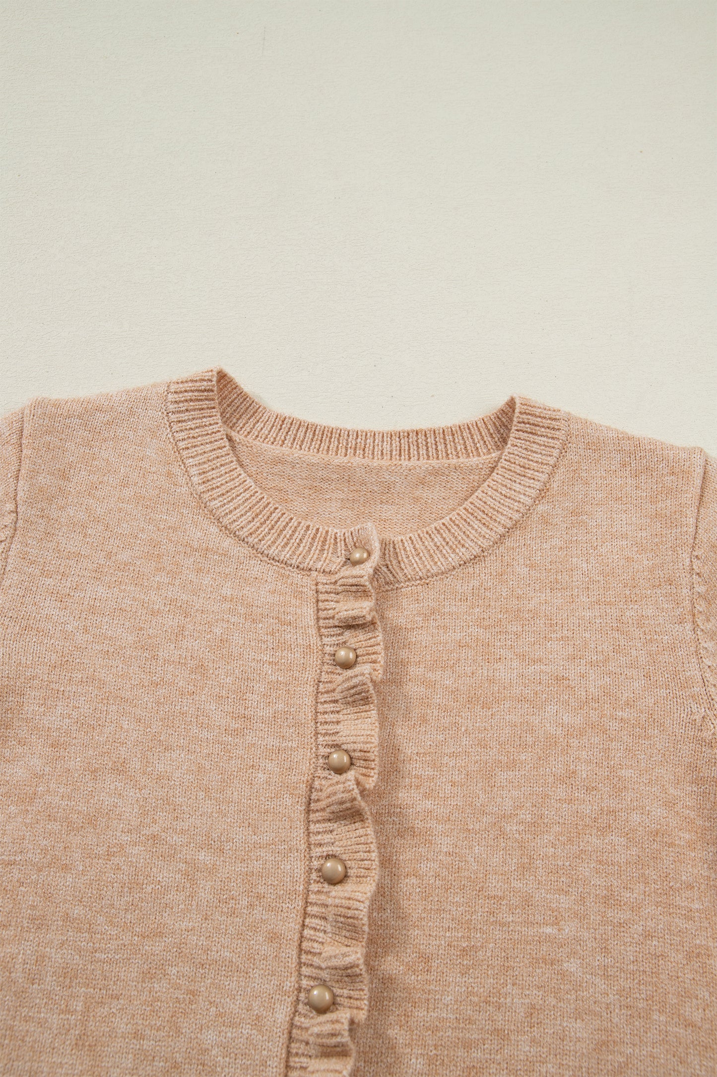 Oatmeal Ruffle Trim Gold Button Sweater Cardigan