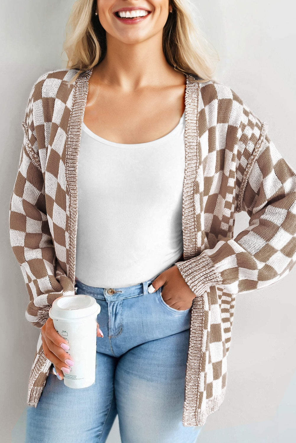 Brown Plus Size Checkered Bubble Sleeve Drop Shoulder Open Cardigan