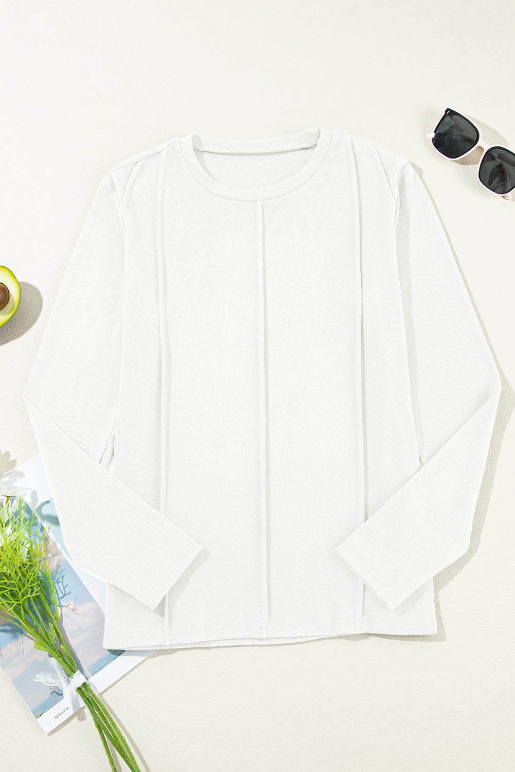 White Solid Exposed Seam Crew Neck Long Sleeve Top