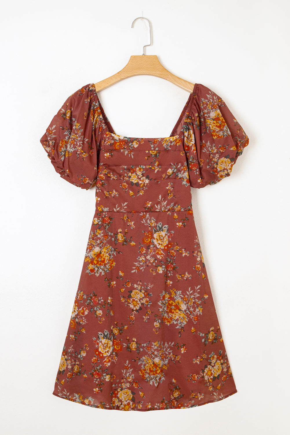 Red Floral Puff Sleeve Square Neck Knot Open Back Mini Dress