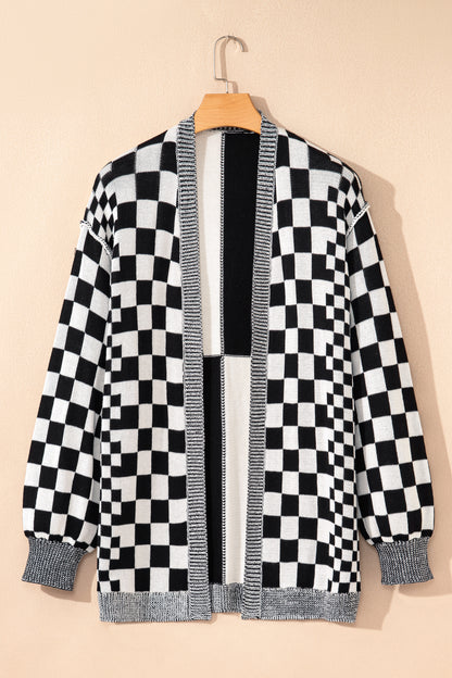 Brown Plus Size Checkered Bubble Sleeve Drop Shoulder Open Cardigan