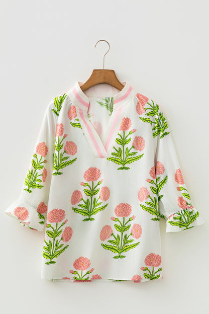 Casual Wild Flower Print V Neck 3/4 Sleeve Blouse