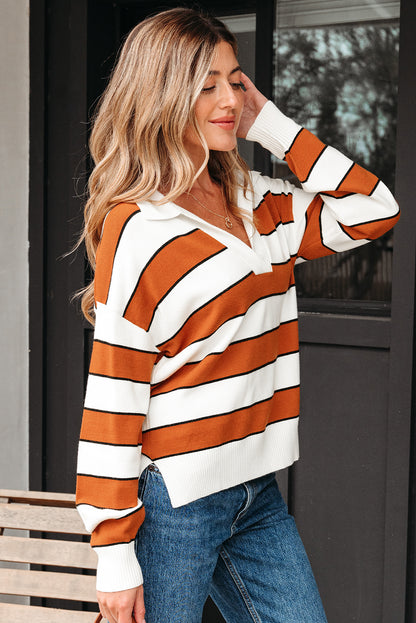 Brown Stripe Ribbed Polo Collar Drop Shoulder Sweater