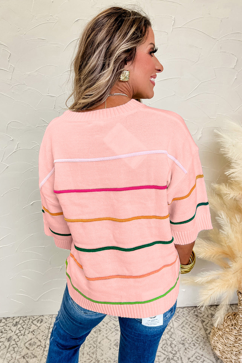 Pink Colorblock Striped Half Sleeve Drop Shoulder Sweater