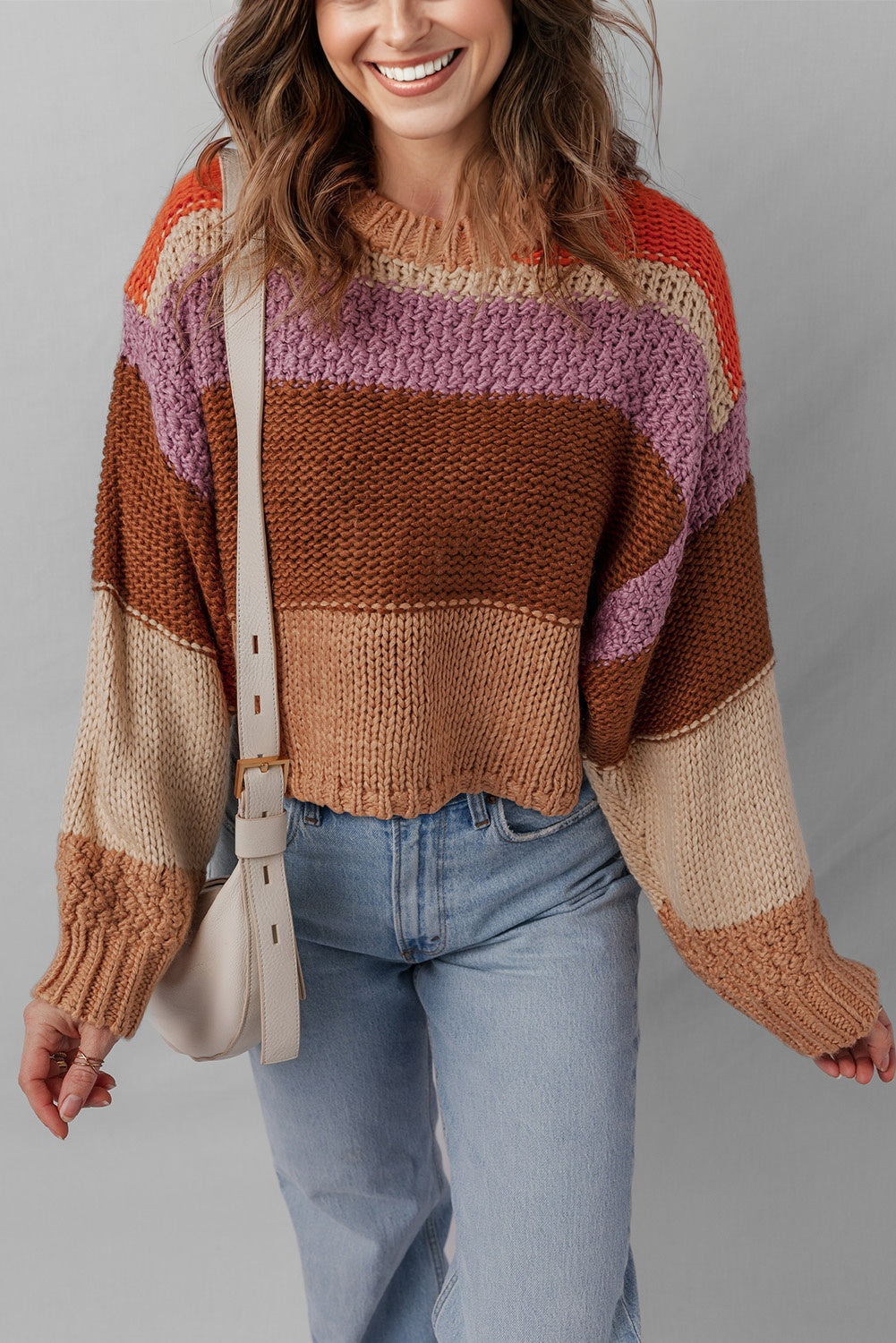 Multicolour Cropped Colorblock Drop Shoulder Knitted Sweater