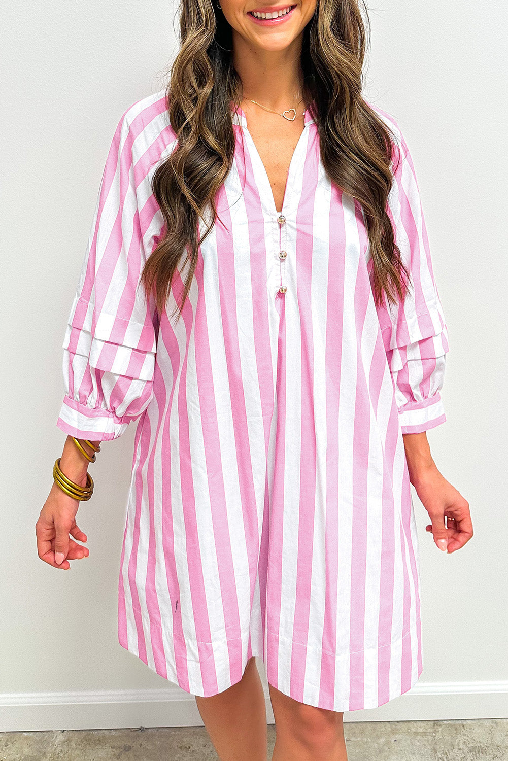 Rose Stripe Bracelet Sleeve Buttons Loose Mini Dress