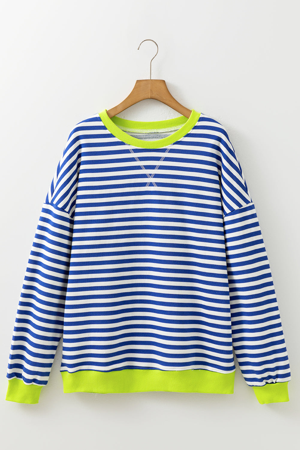 Sky Blue Stripe Striped Contrast Ribbed Trim Crossed Stitch Drop Shoulder Sweatshirt