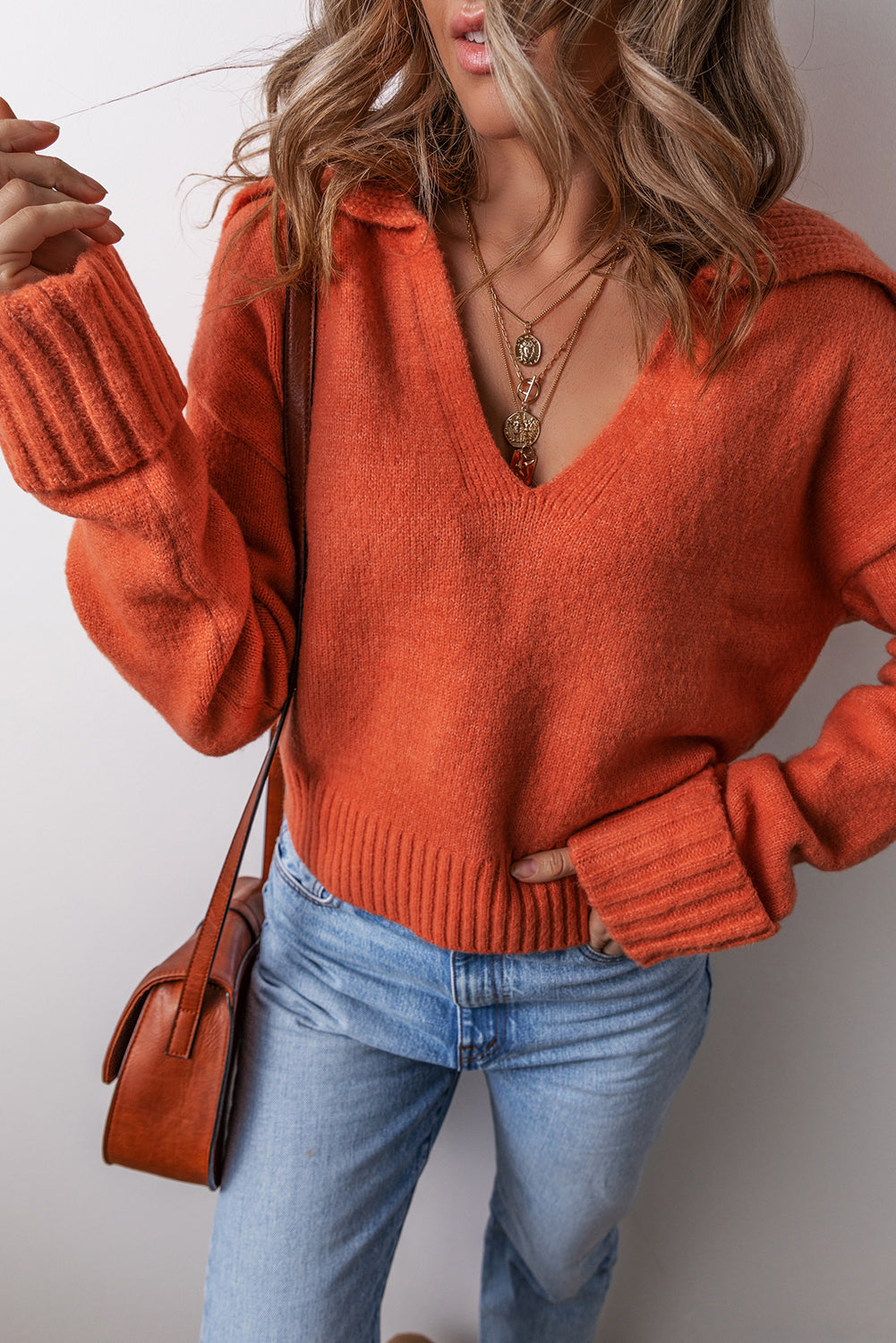 Flamingo Collared V Neck Ribbed Edge Sexy Elegant Sweater