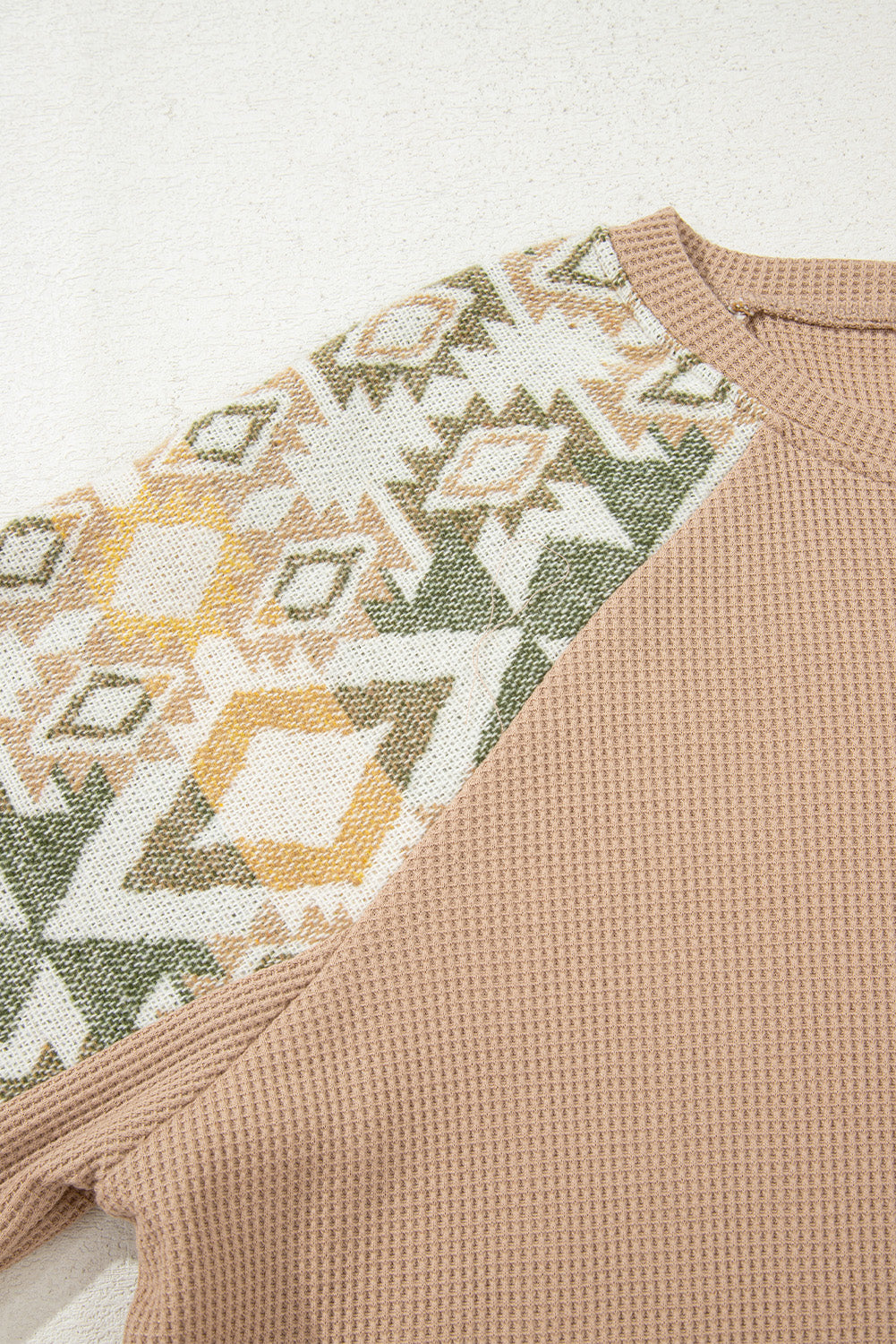 Smoke Gray Waffle Aztec Patchwork Raglan Sleeve Knit Top