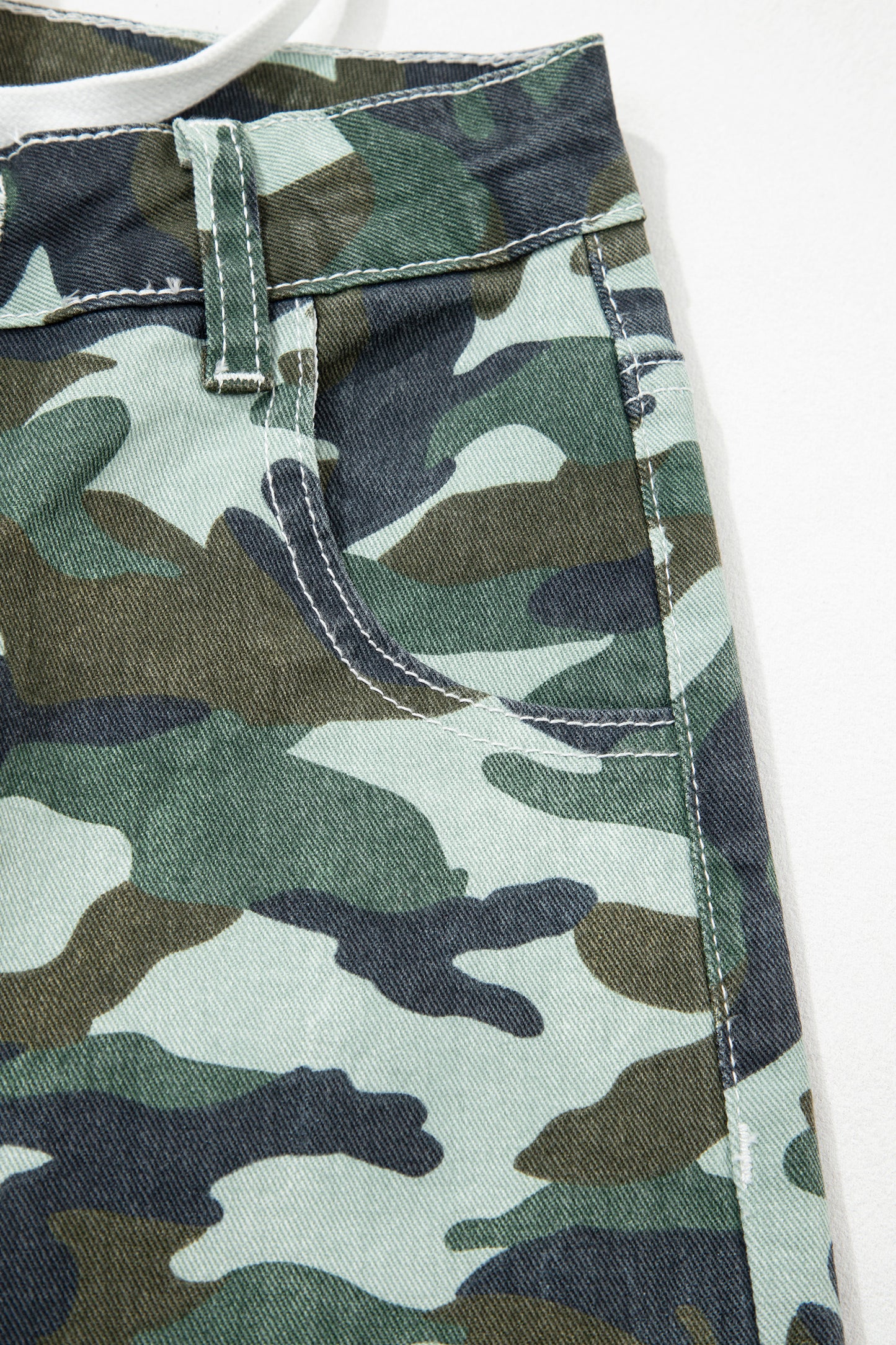 Green Camouflage Print Wide Leg Drawstring Denim Pants