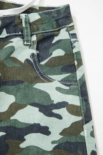 Green Camouflage Print Wide Leg Drawstring Denim Pants