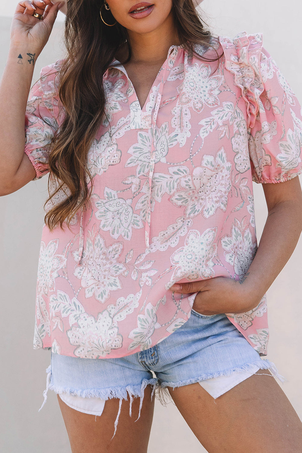 Pink Floral Print Drawstring V Neck Puff Sleeve Loose Blouse