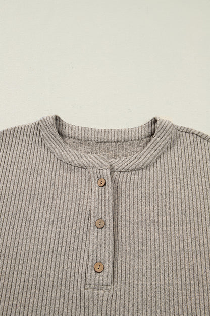 Simply Taupe Plus Size Ribbed Knit Kangaroo Pocket Henley Long Sleeve Top