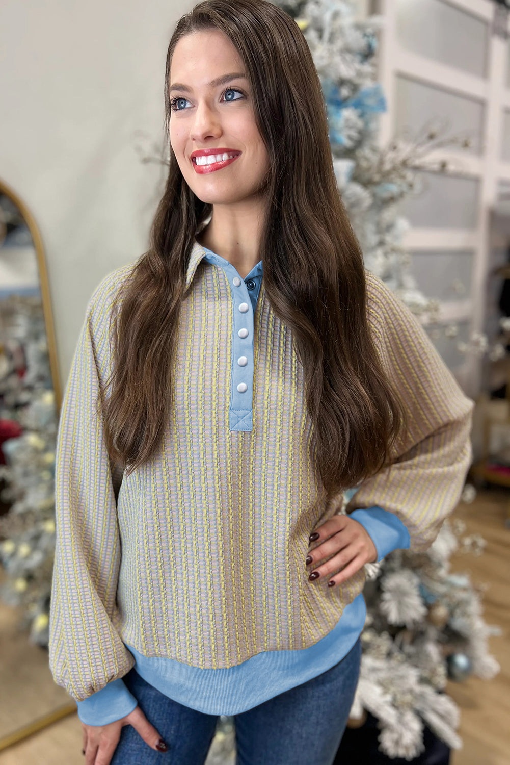 Beau Blue Button Front Jacquard Henley Sweatshirt