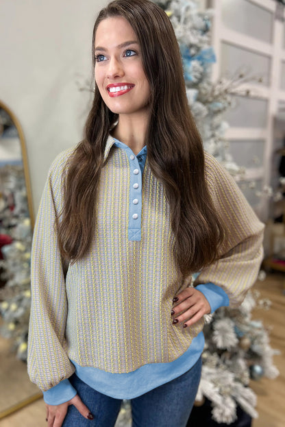 Beau Blue Button Front Jacquard Henley Sweatshirt