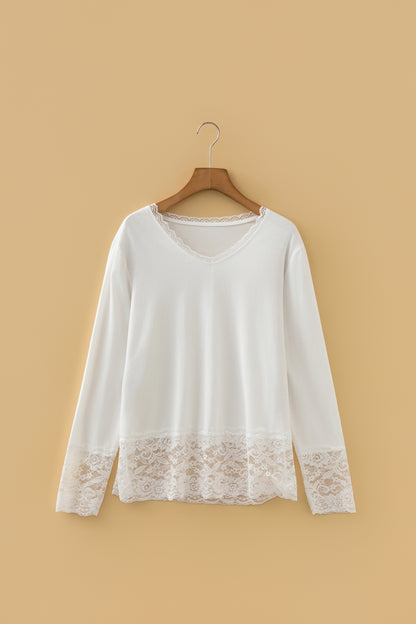 White Lace Trim V Neck Cuffed Long Sleeve Loose Top