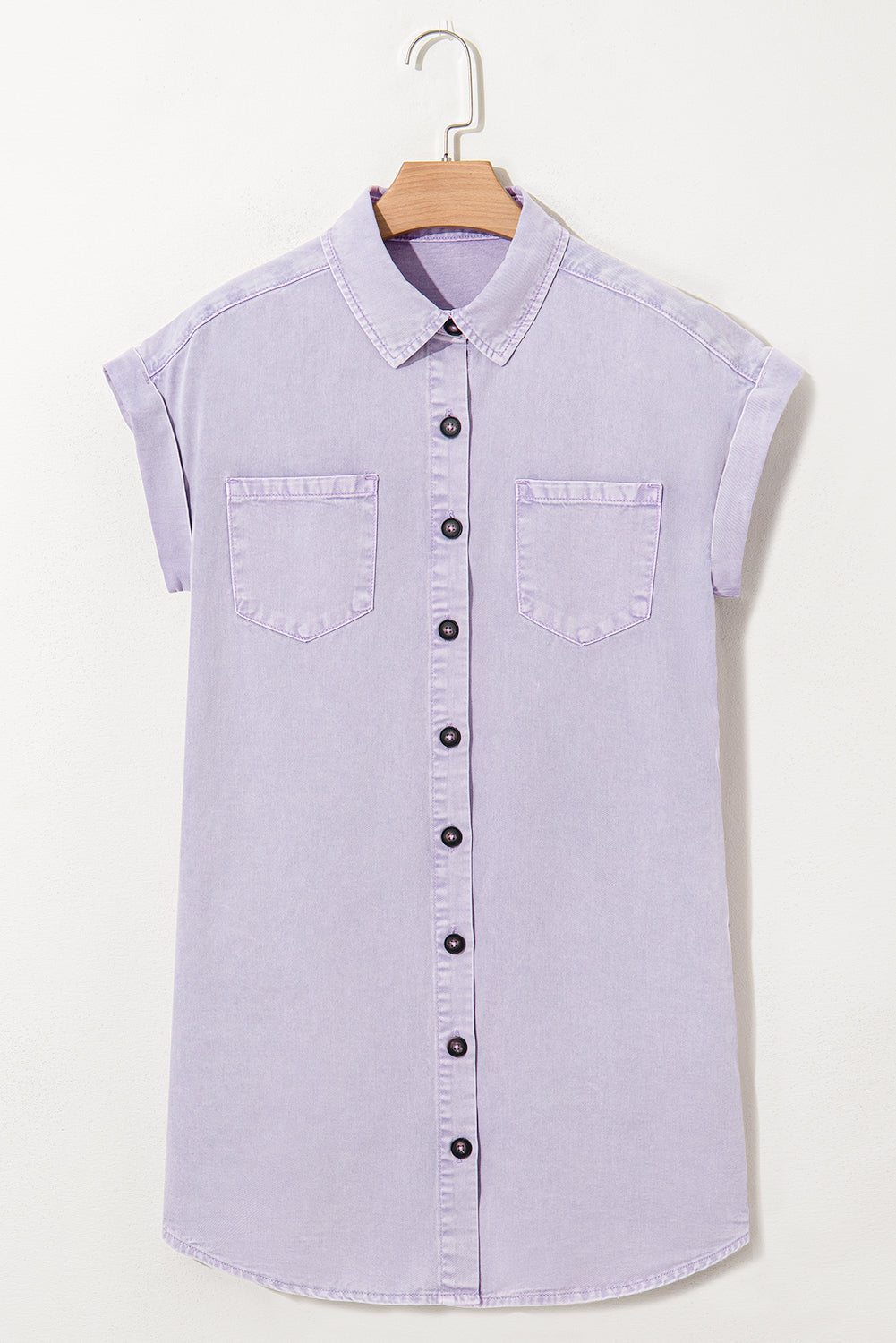 Orchid Petal Short Sleeve Double Chest Pocket Denim Shirt Dress