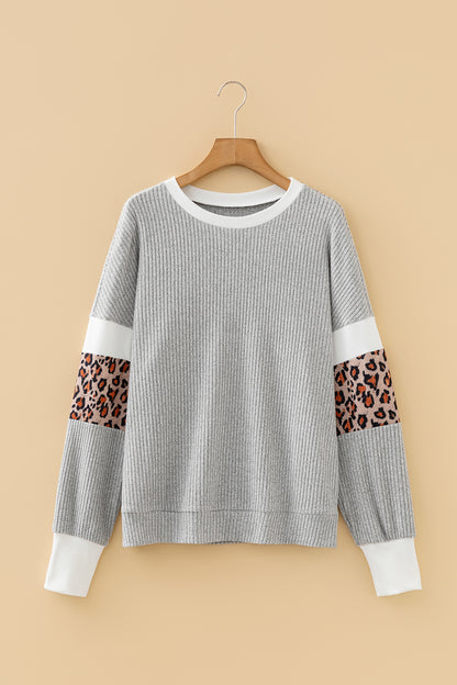 Gray Leopard Print Colorblock Patchwork Ribbed Knit Top
