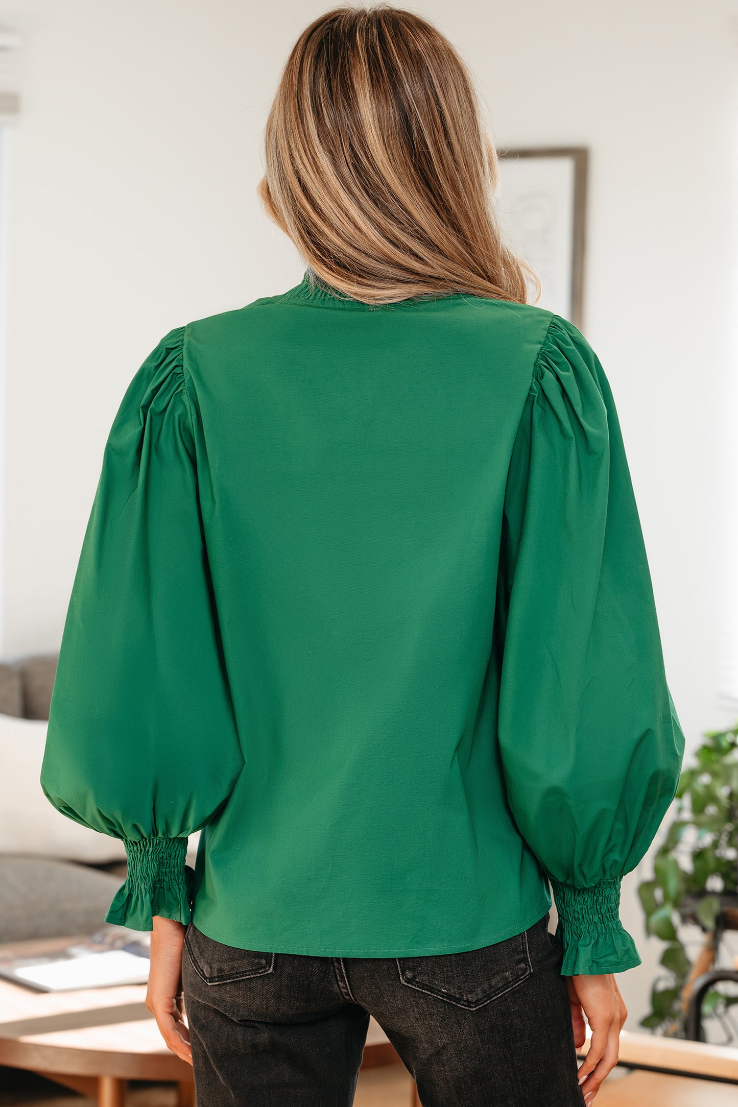 Evergreen Puffy Flounce Sleeve Leopard Trim V Neck Blouse