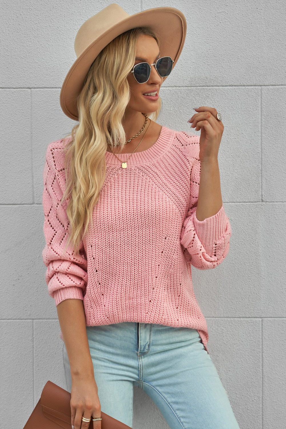 Pink Hollow-out Puffy Sleeve Knit Sweater