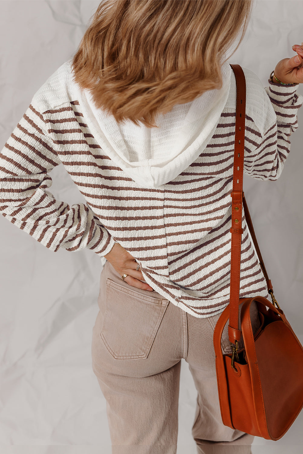 Khaki Stripe Textured Hooded V Neck Casual Long Sleeve Top