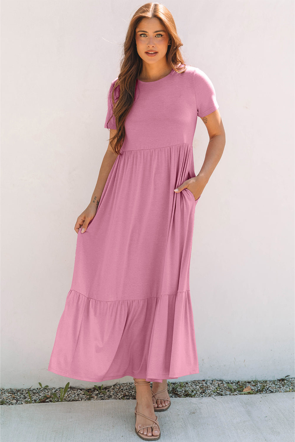 Pink Solid Color T-shirt High Waist Pocketed Long Dress