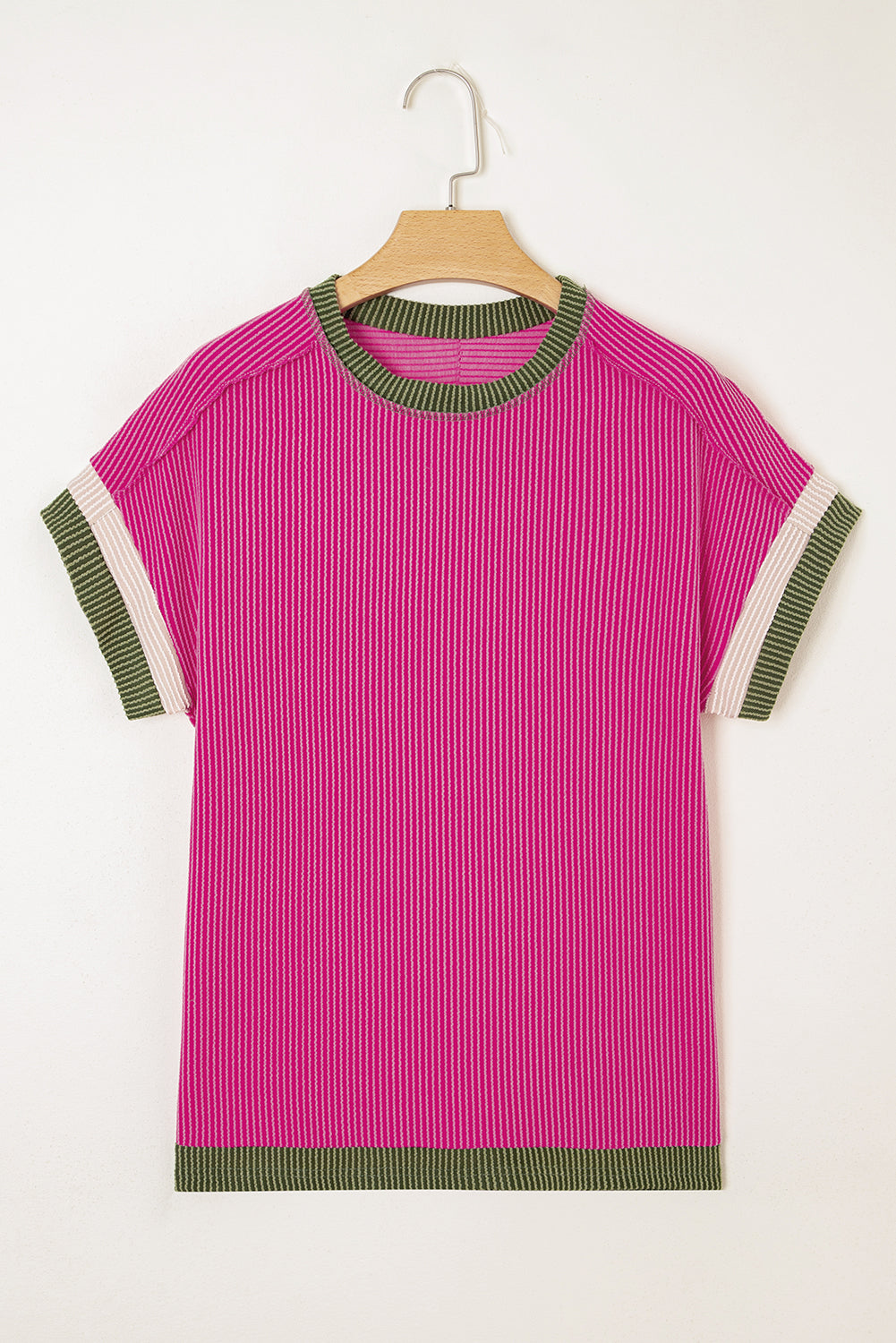 Rose Red Textured Contrast Trim Round Neck T Shirt