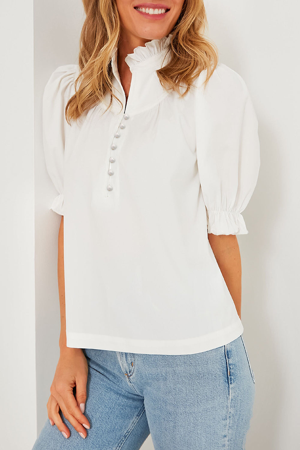 White Frilled Edge Half Button Stand Neck Bubble Sleeve Blouse