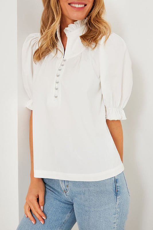 White Frilled Edge Half Button Stand Neck Bubble Sleeve Blouse