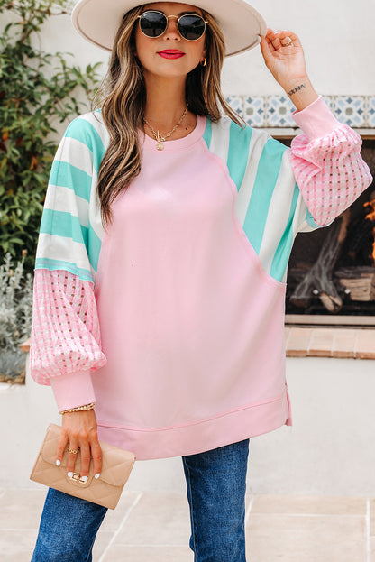 Bonbon Striped Colorblock Patchwork Raglan Pullover Top with Slits