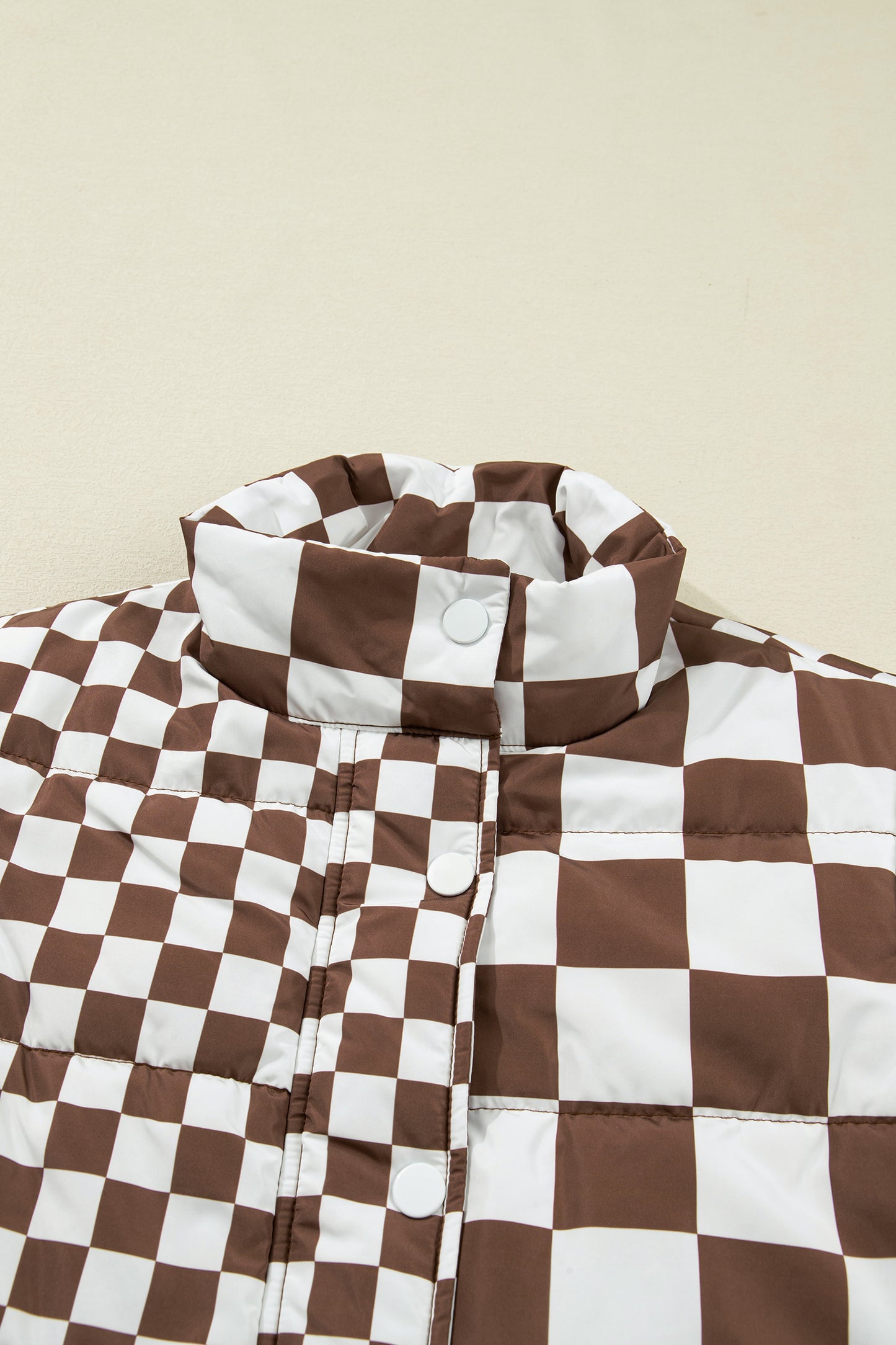 Brown Double Checked Stand Collar Cropped Puffer Vest