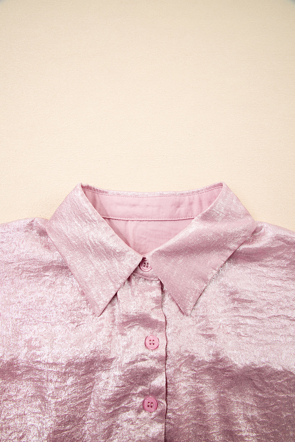 Pink Metallic Sheen Short Sleeve Buttoned Front Casual Shirt
