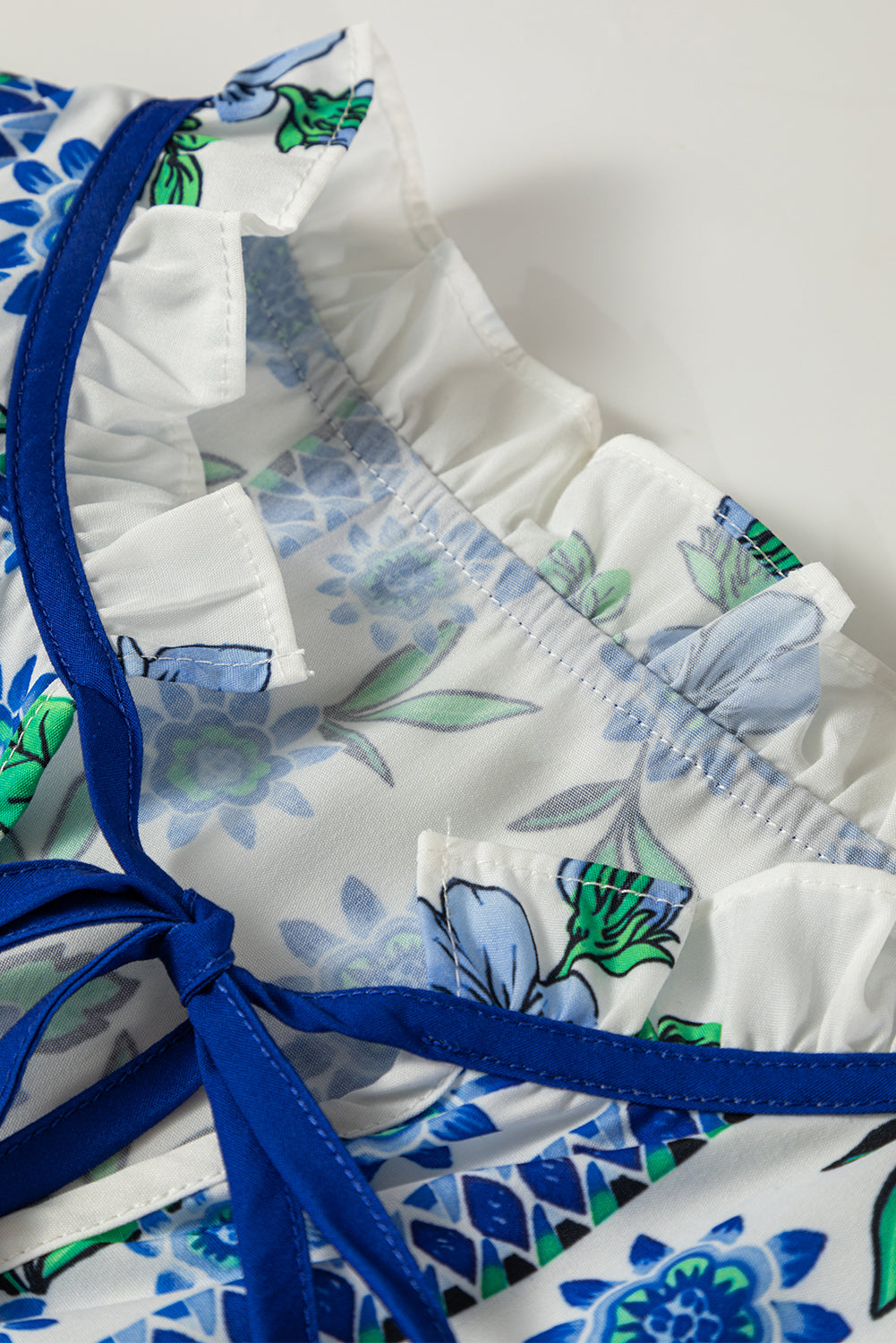 Beige Floral Print Piping Trim Tie Neck Short Sleeve Blouse