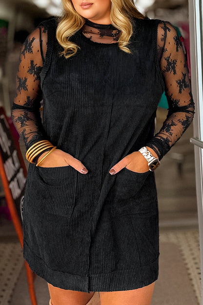 Black Plus Size Corduroy Patch Pocket Sleeveless Mini Dress