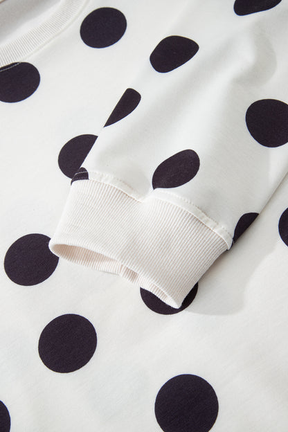 Beige Polka Dot Print Drop Shoulder Pullover Drawstring Shorts Set