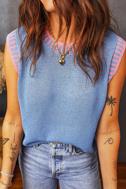 Sky Blue Contrast Trim Round Neck Sleeveless Sweater