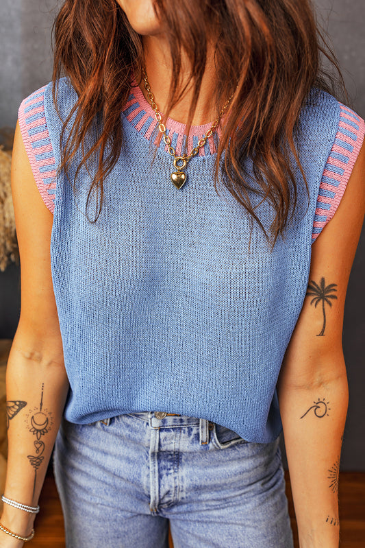 Sky Blue Contrast Trim Round Neck Sleeveless Sweater