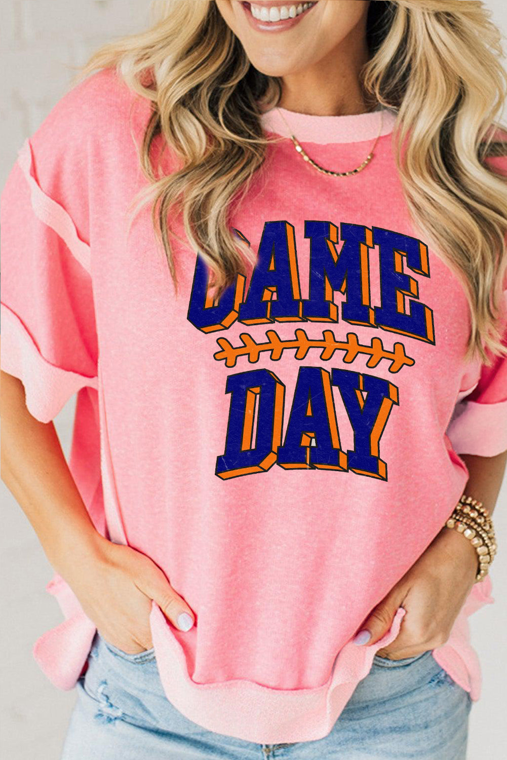 Peach Blossom Raw Seam Patchwork GAME DAY Letter Graphic Loose Tee