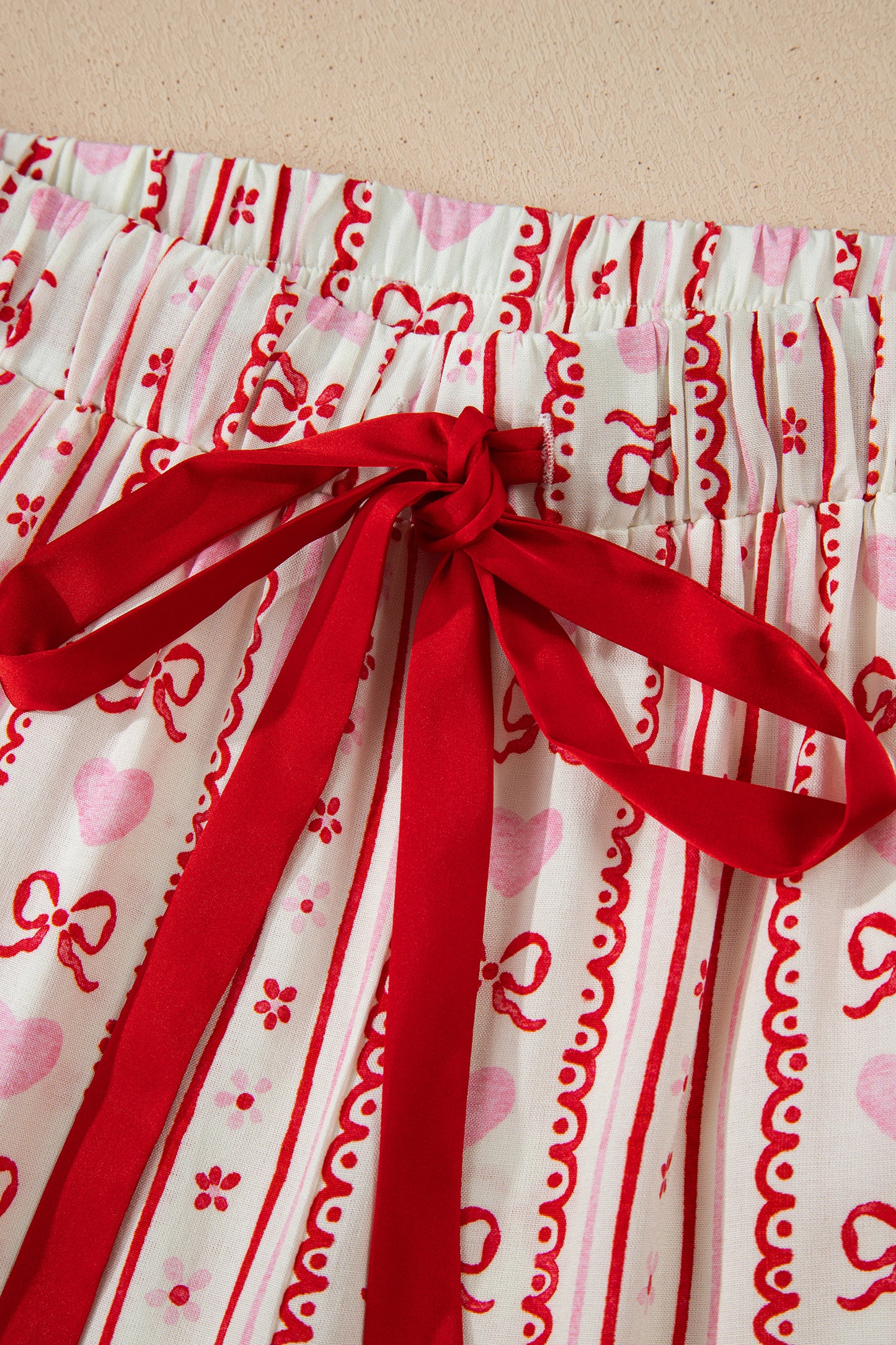Red Sweet Floral Heart Bow Print Contrast Trim Long Sleeve Shirt Pajama Short Set