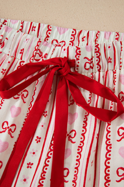 Red Sweet Floral Heart Bow Print Contrast Trim Long Sleeve Shirt Pajama Short Set