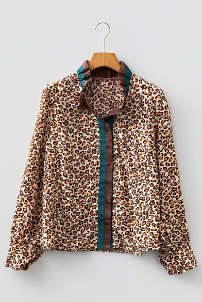 Brown Leopard Print Contrast Frilled Trim Button Down V Neck Shirt