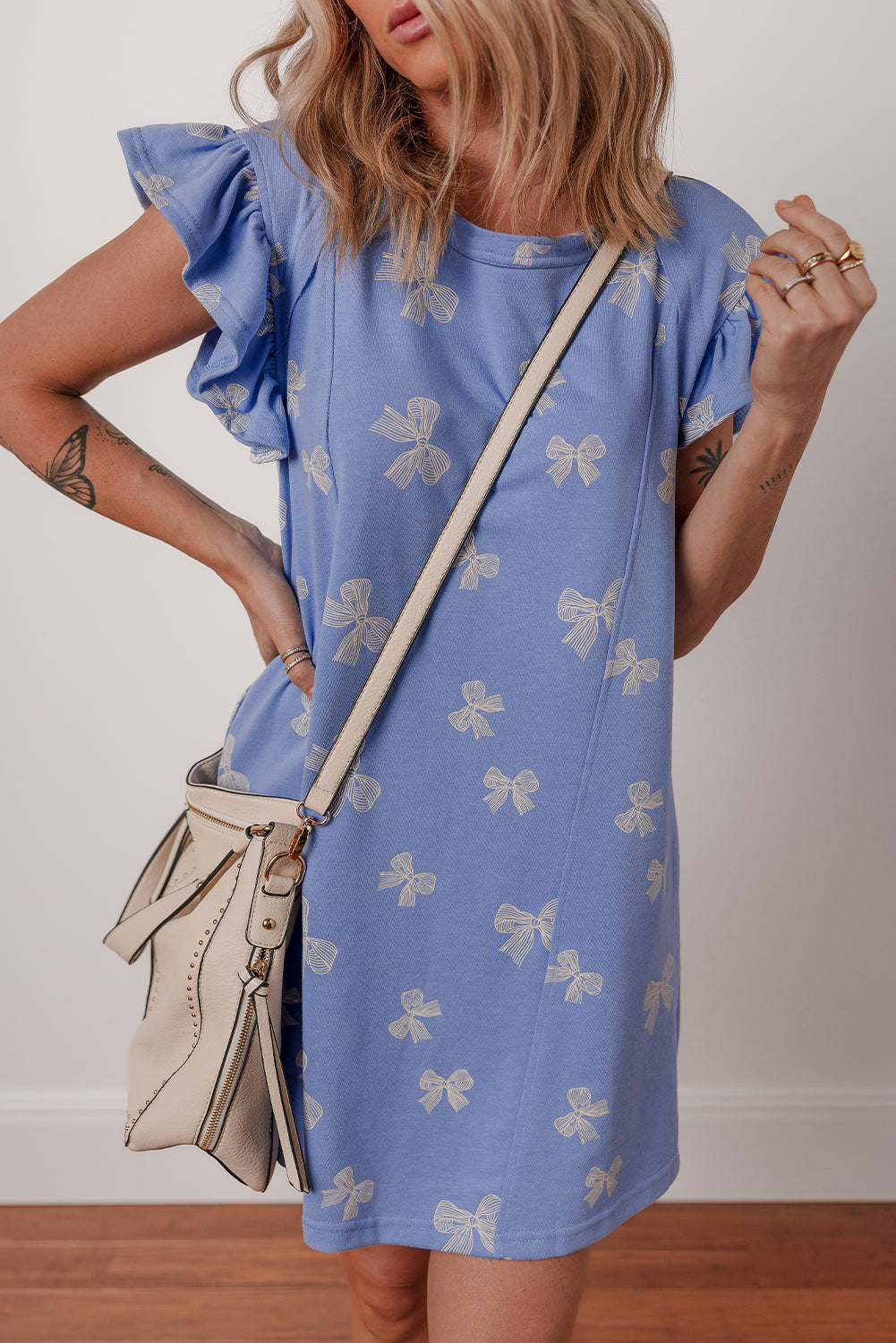 Sky Blue Bow Knot Print Crewneck Ruffled Sleeve Shift Mini Dress
