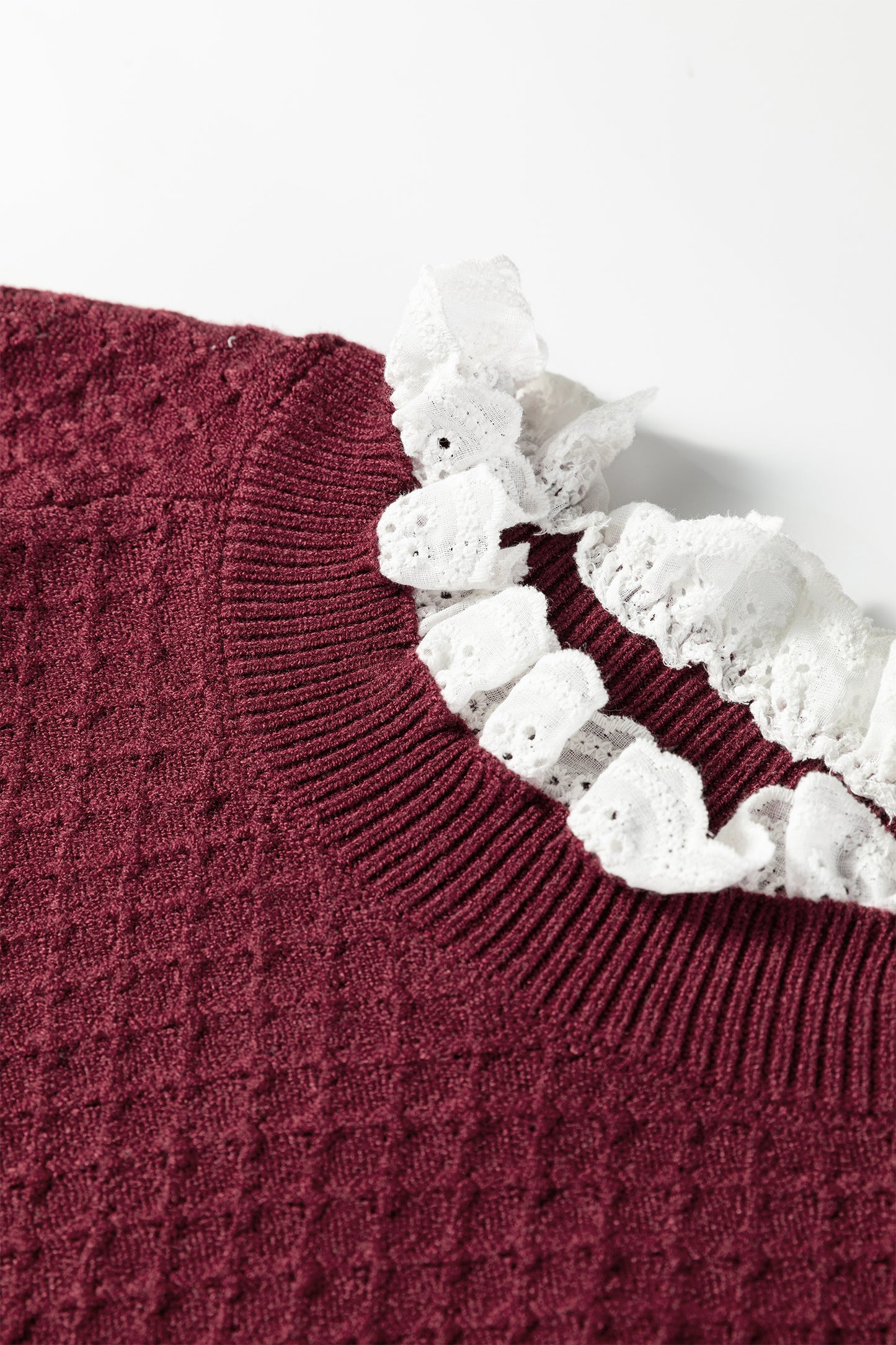 Burgundy Contrast Lace Frilled Trim Raglan Sleeve Sweater