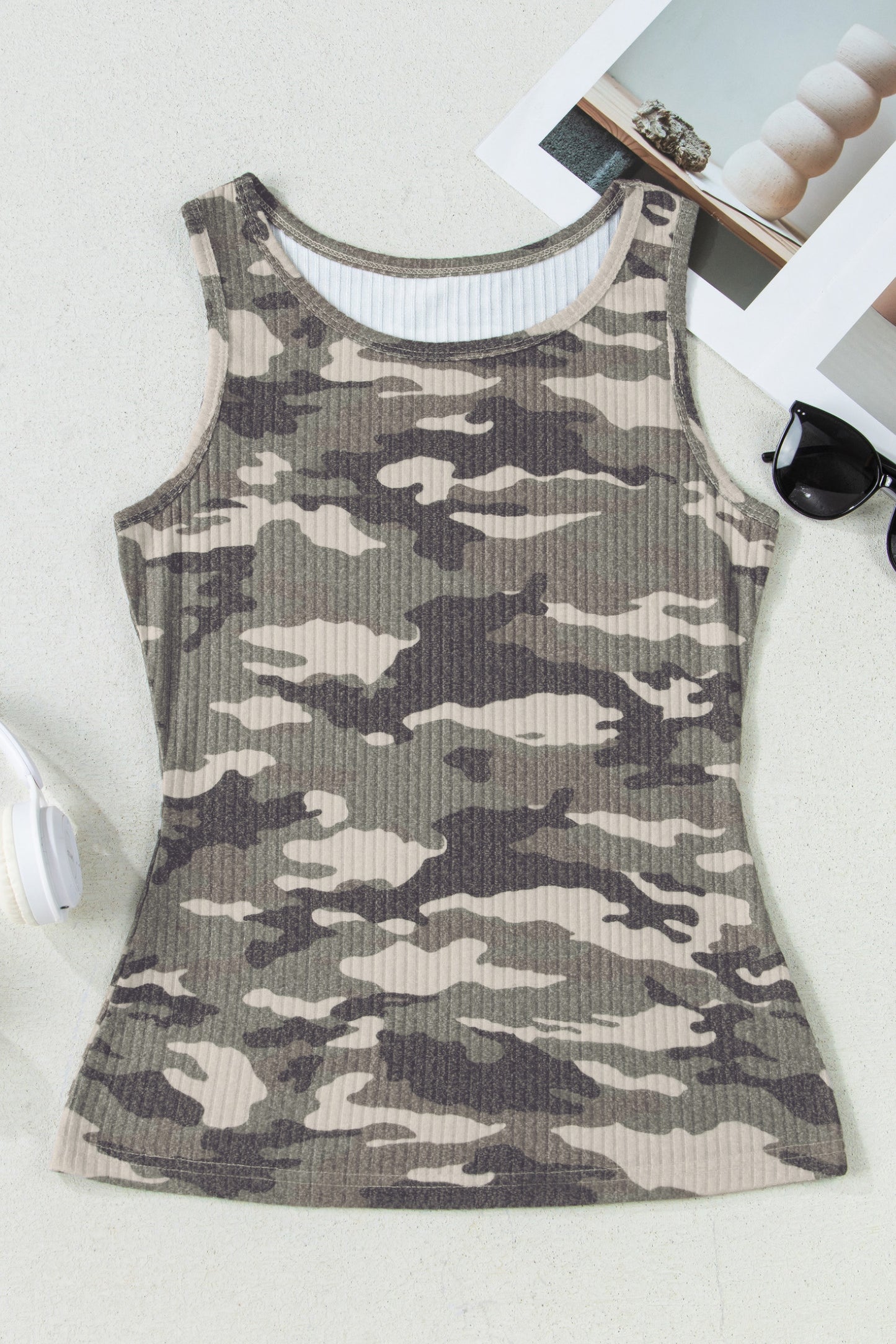 Gray Camouflage Print Ribbed Knit Round Neck Tank Top