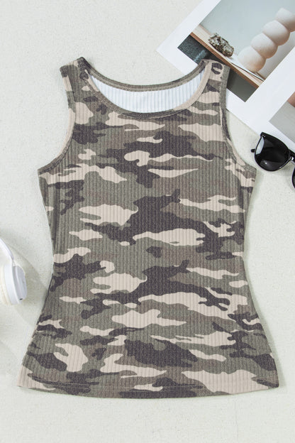 Gray Camouflage Print Ribbed Knit Round Neck Tank Top