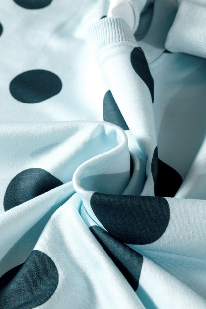 Beige Polka Dot Print Drop Shoulder Pullover Drawstring Shorts Set